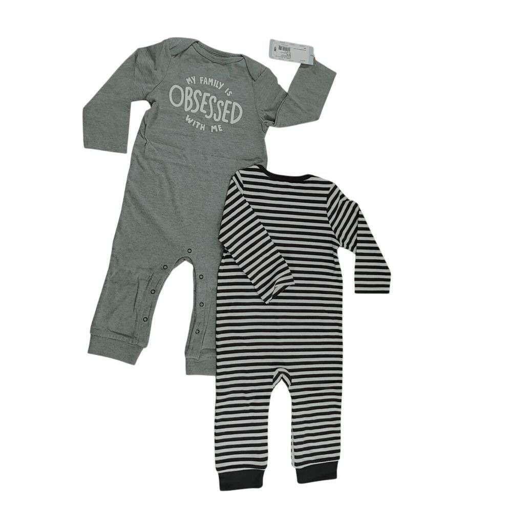 2-Pack Baby Rompers Gray 'My Family is Obsessed w/ Me' & Striped Pattern 12M